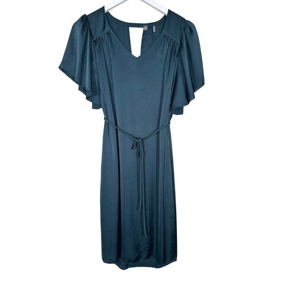 Margaret O'Leary Satin Mini Dress XS Teal Flutter‎ Sleeve Belted Keyhole - Picture 1 of 10